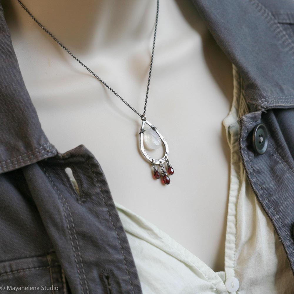 Blood Moon - Moonstone Garnet Wire Wrapped Sterling Necklace