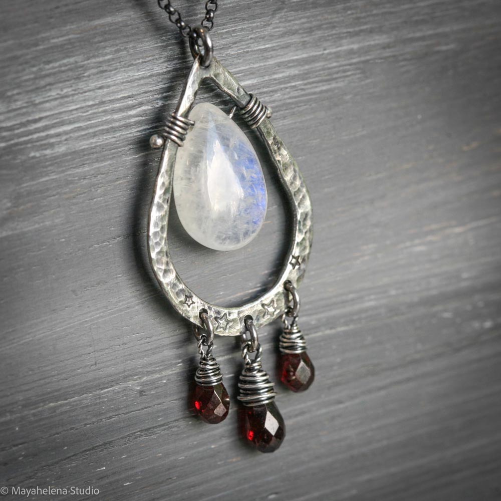 Blood Moon - Moonstone Garnet Wire Wrapped Sterling Necklace