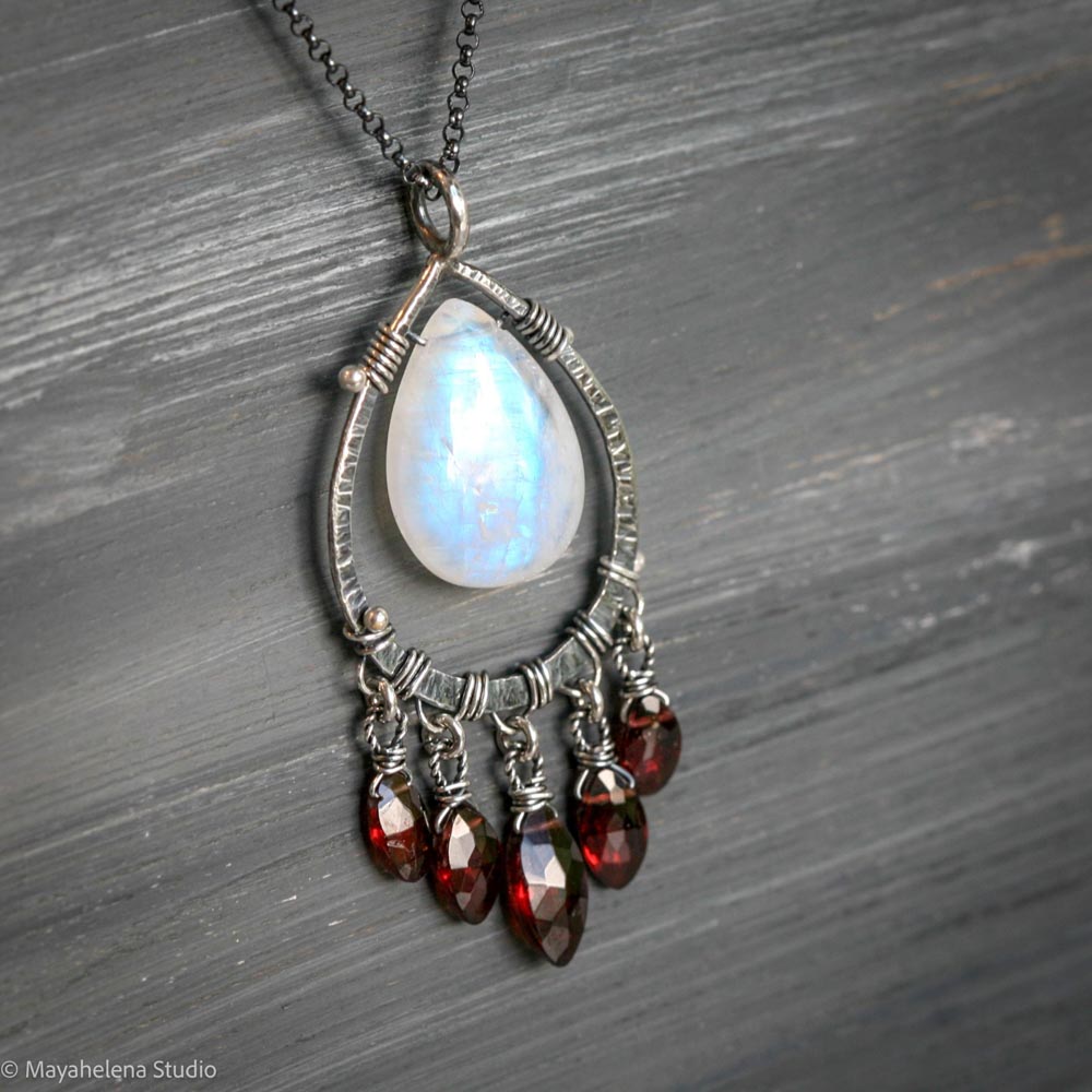Blood Moon - Moonstone Garnet Wire Wrapped Sterling Necklace