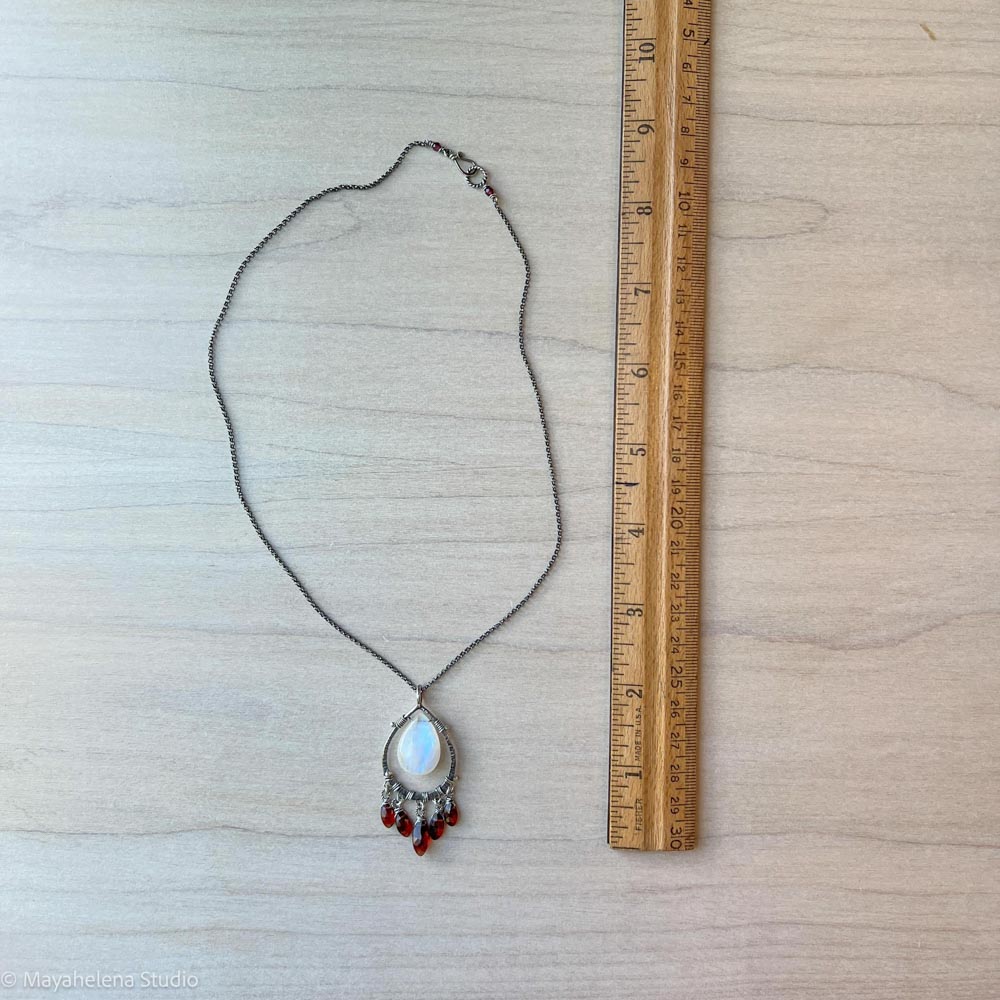 Blood Moon - Moonstone Garnet Wire Wrapped Sterling Necklace