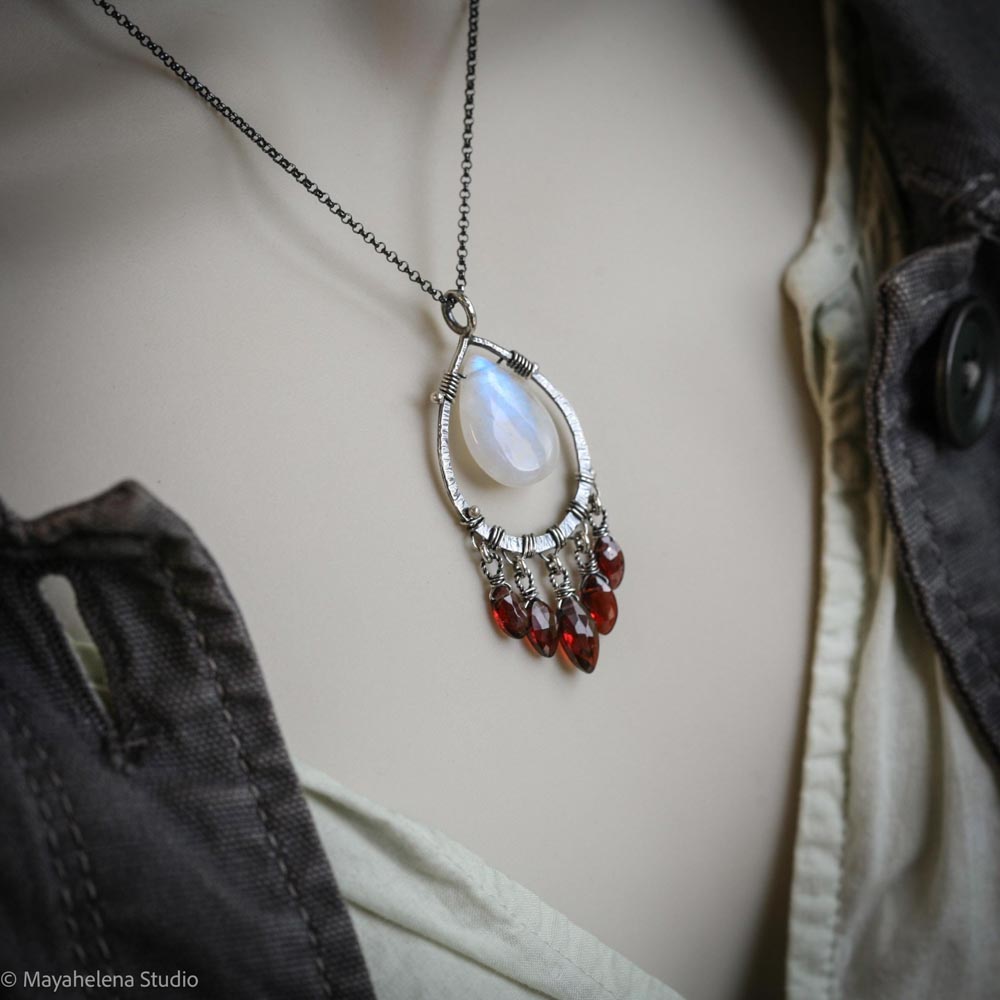 Blood Moon - Moonstone Garnet Wire Wrapped Sterling Necklace