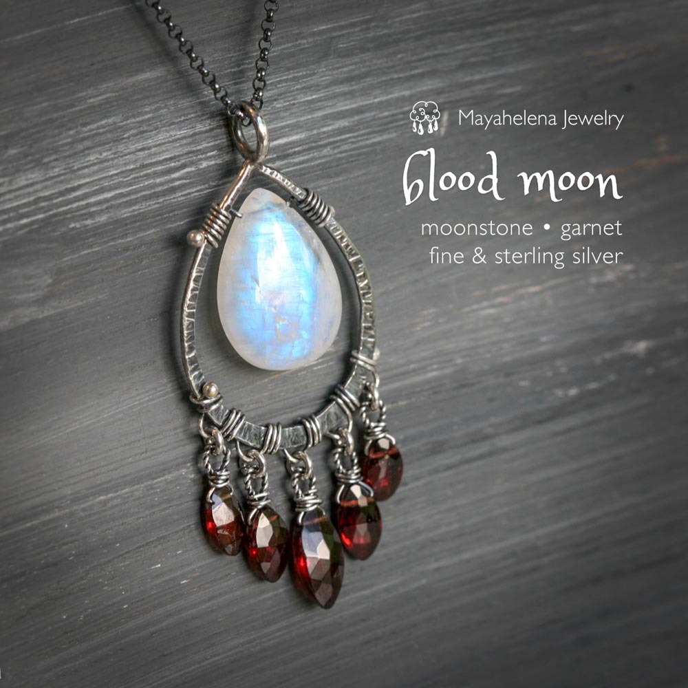 Blood Moon - Moonstone Garnet Wire Wrapped Sterling Necklace