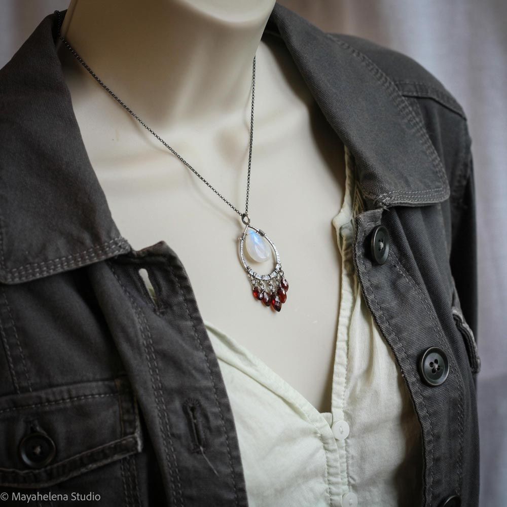 Blood Moon - Moonstone Garnet Wire Wrapped Sterling Necklace