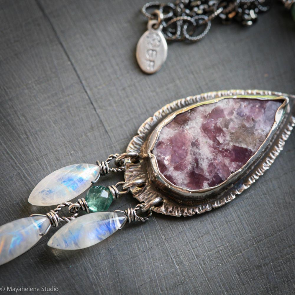 Tranquility Lepidolite with Moonstone & Green Apatite Sterling Silver Necklace Pendant