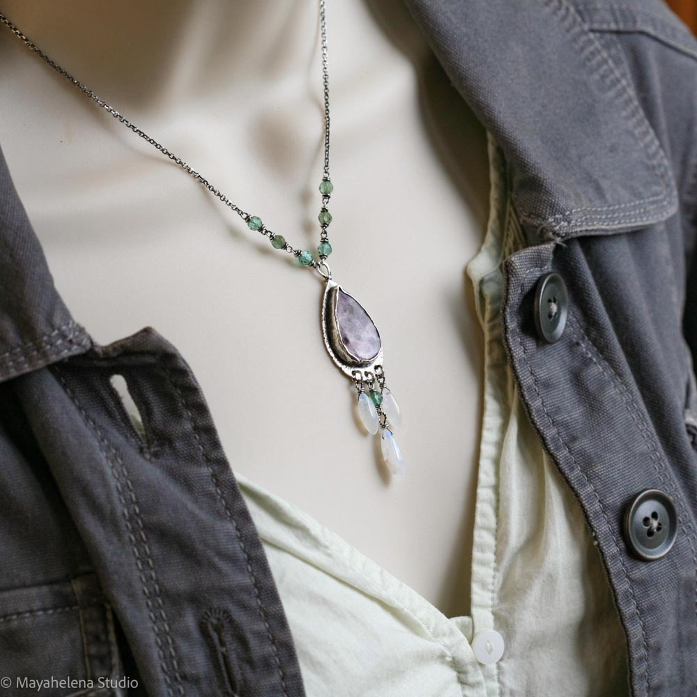 Tranquility Lepidolite with Moonstone & Green Apatite Sterling Silver Necklace Pendant