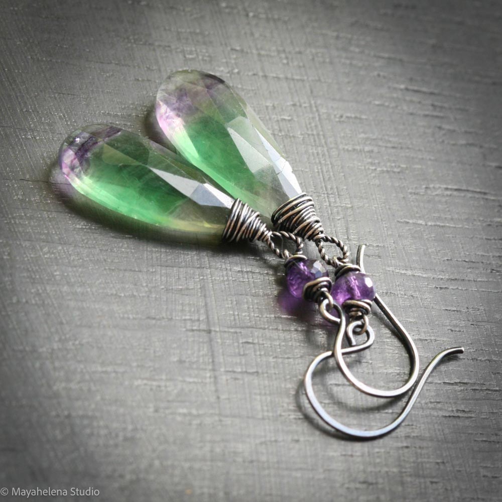 Cadence Fluorite & Amethyst Sterling Silver Earrings