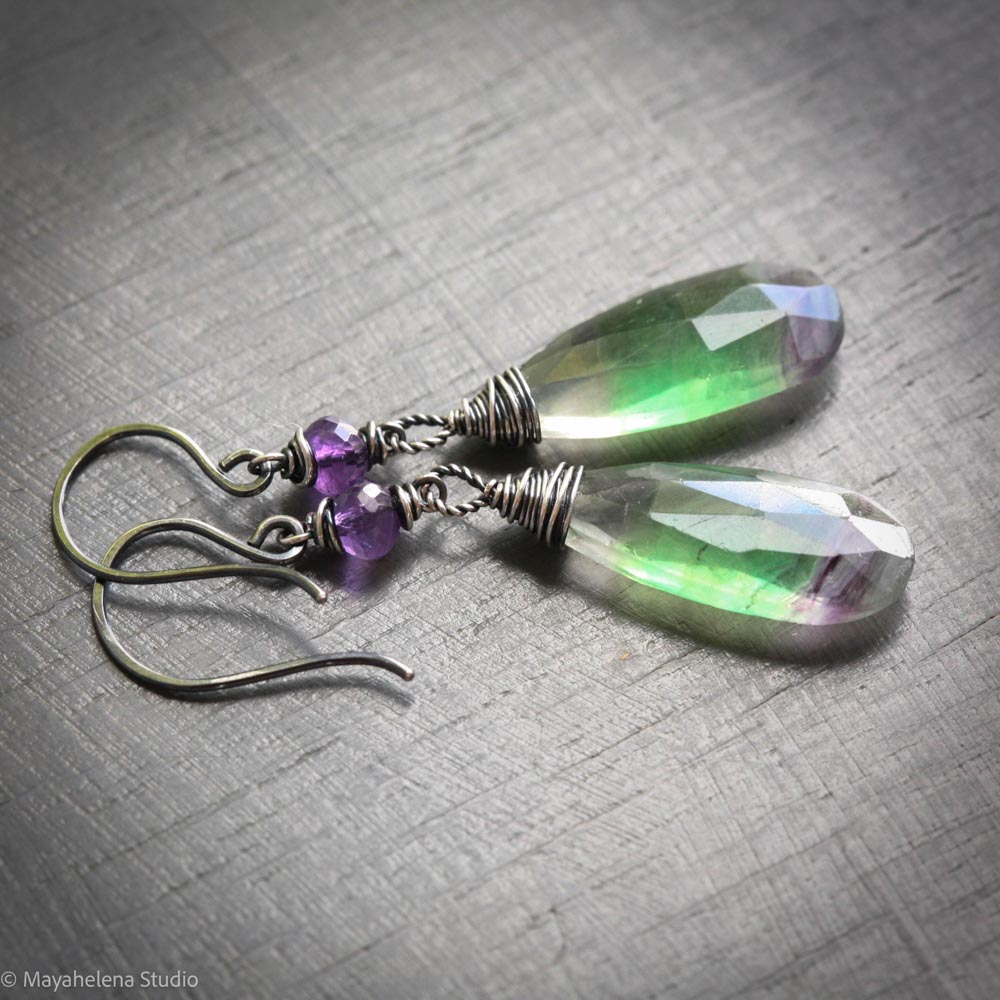 Cadence Fluorite & Amethyst Sterling Silver Earrings