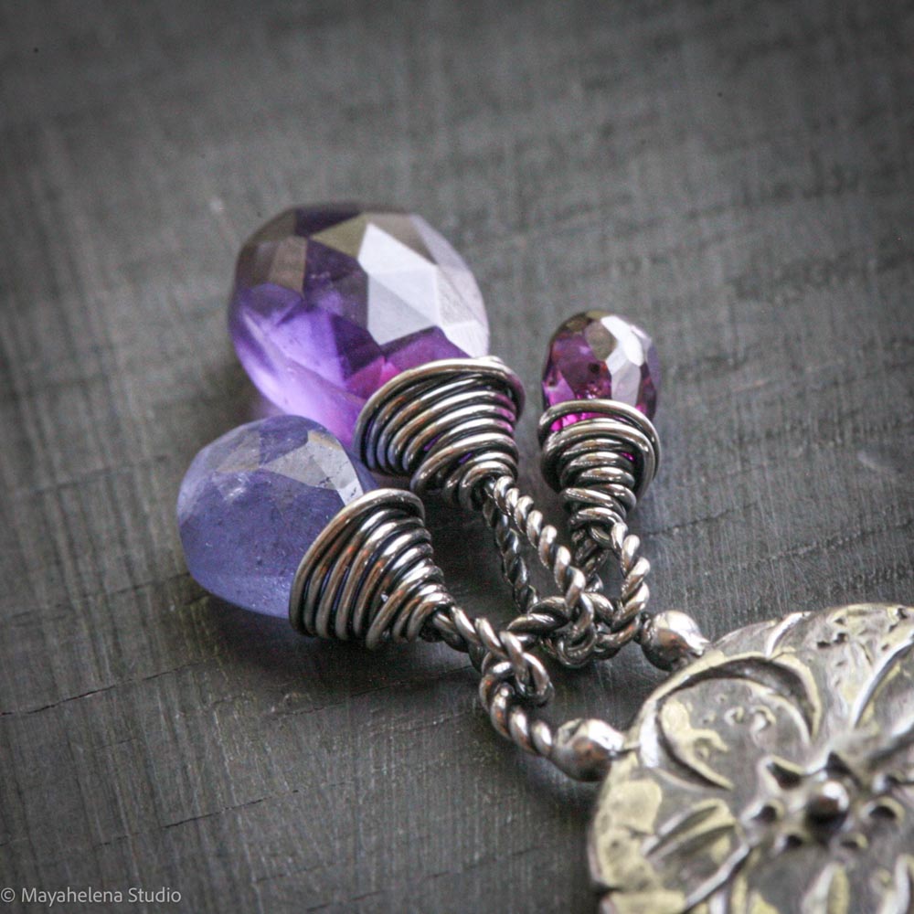 Hydrangea - Flower Seal with Amethyst, Tanzanite, & Pink Garnet Fine and Sterling Silver Necklace