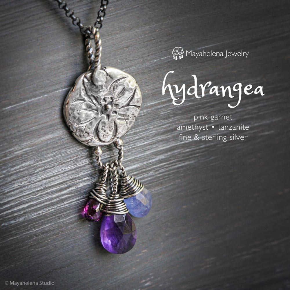 Hydrangea - Flower Seal with Amethyst, Tanzanite, & Pink Garnet Fine and Sterling Silver Necklace
