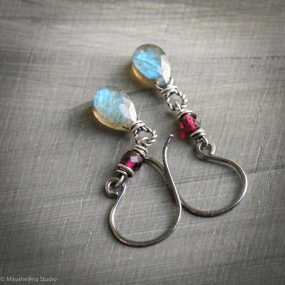 il_fullxfull.7243547275_3lbv.jpg Dot the I - Labradorite and Garnet Fine & Sterling Silver Earrings