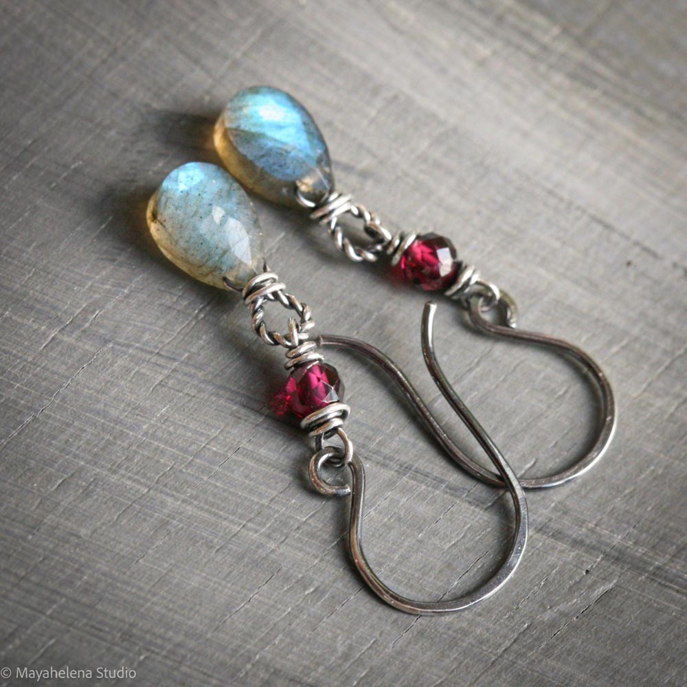 il_fullxfull.7243547279_imns.jpg Dot the I - Labradorite and Garnet Fine & Sterling Silver Earrings