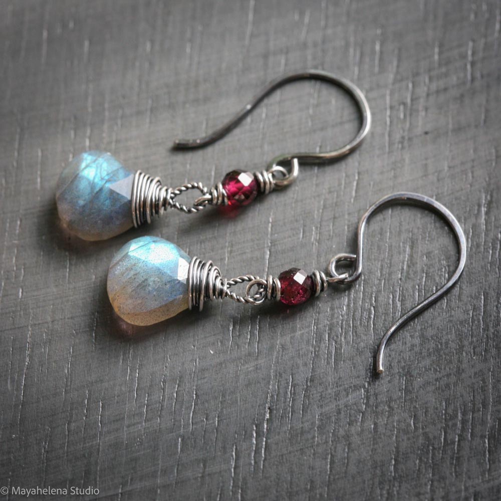 il_fullxfull.7243553097_1vfi.jpg Dot the I - Labradorite and Garnet Fine & Sterling Silver Earrings