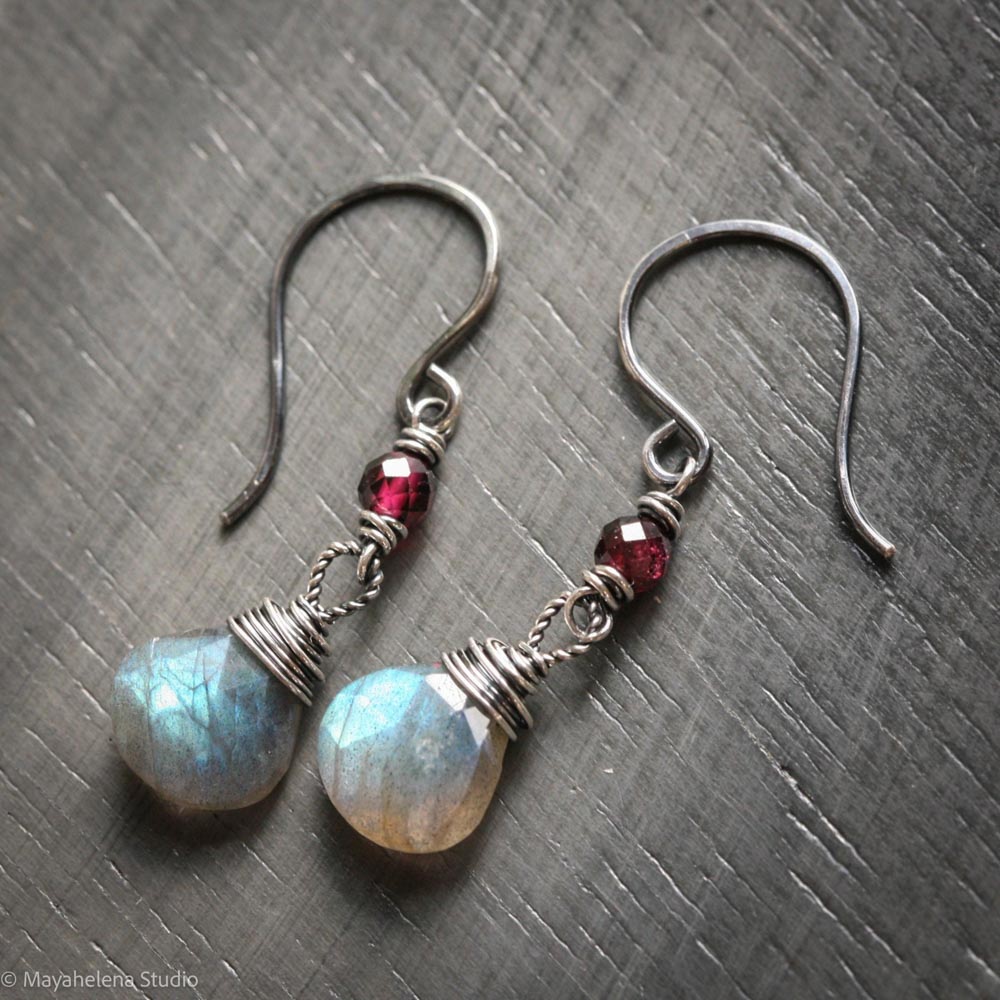 il_fullxfull.7243553099_gljo.jpg Dot the I - Labradorite and Garnet Fine & Sterling Silver Earrings