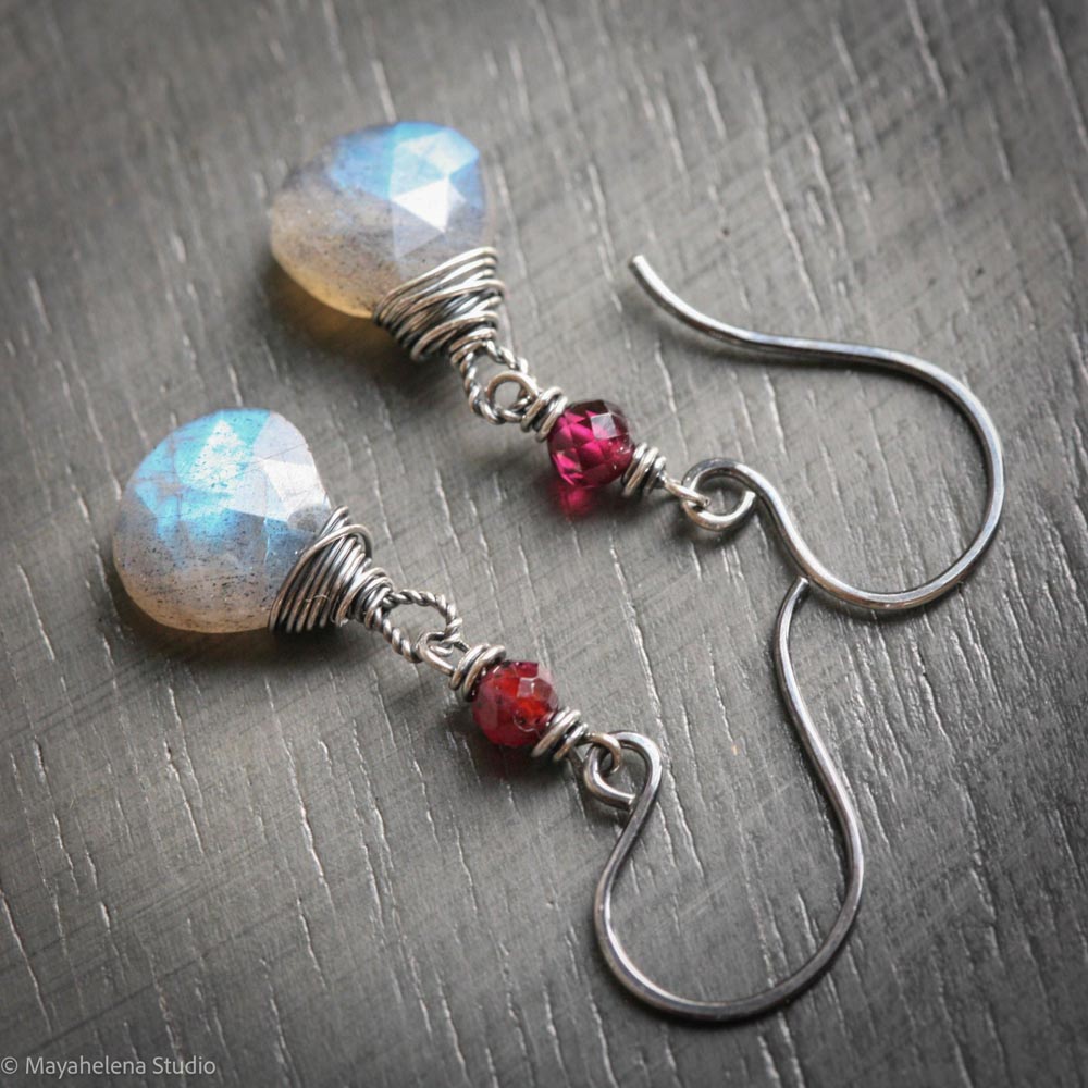 il_fullxfull.7243553989_2q3k.jpg Dot the I - Labradorite and Garnet Fine & Sterling Silver Earrings