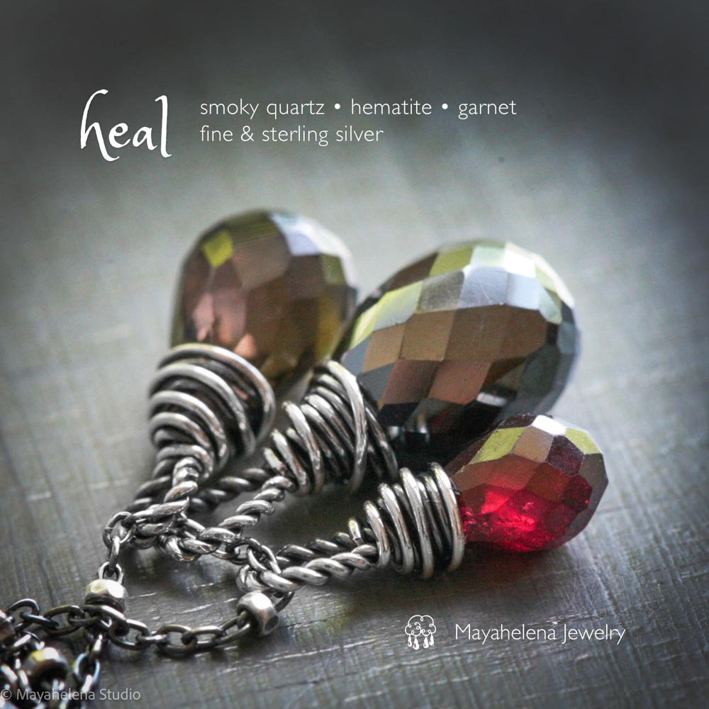Heal Gemstone Trio - Smoky Quartz Hematite Garnet Sterling Silver Wire Wrapped Necklace