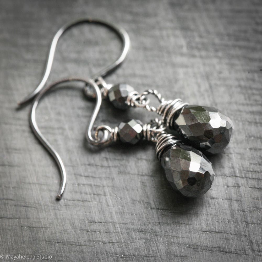 Dot the I - Hematite Wire Wrapped Sterling Silver Earrings