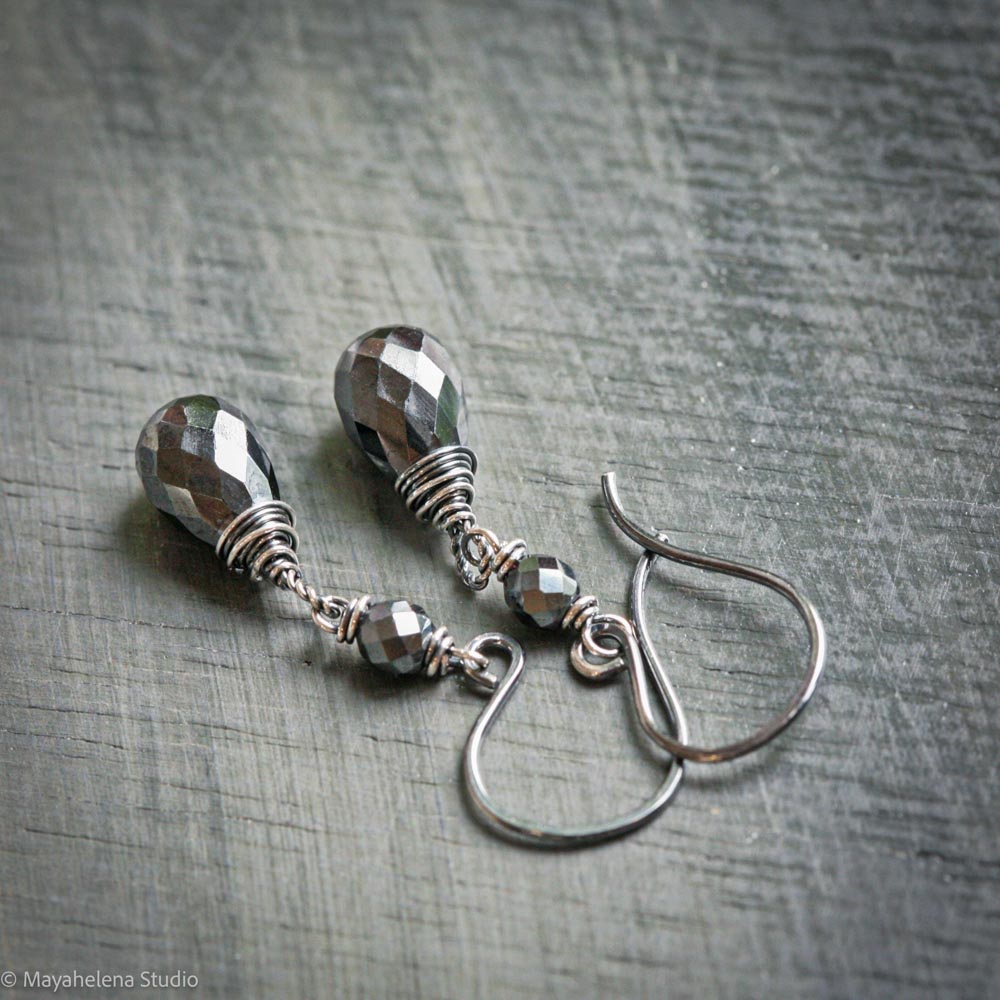 Dot the I - Hematite Wire Wrapped Sterling Silver Earrings