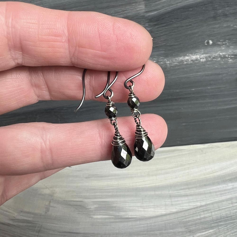 Dot the I - Hematite Wire Wrapped Sterling Silver Earrings