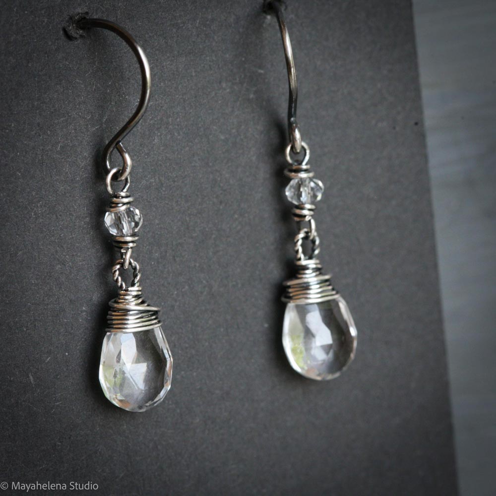 Dot the I - Rock Crystal Wire Wrapped Sterling Silver Earrings