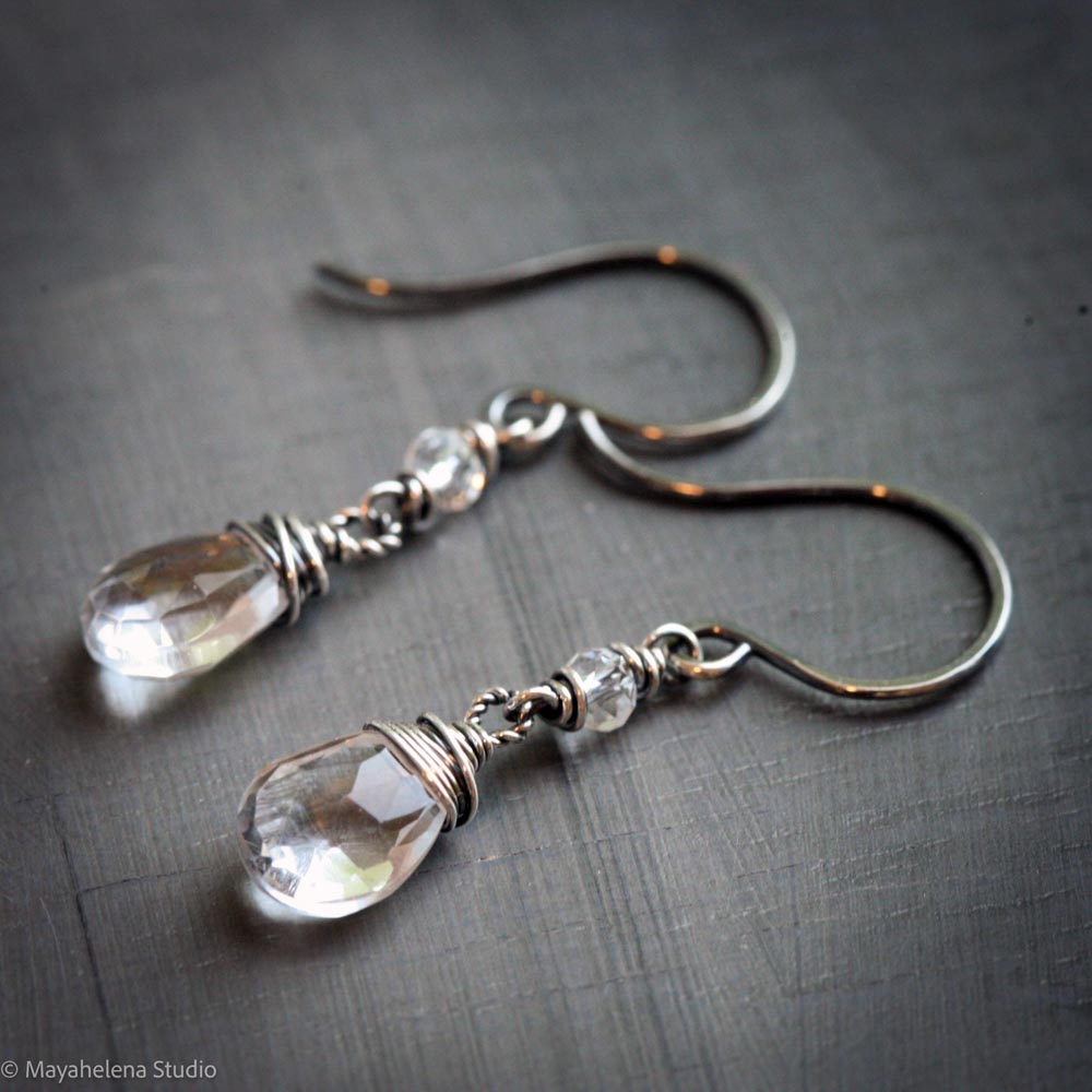 Dot the I - Rock Crystal Wire Wrapped Sterling Silver Earrings