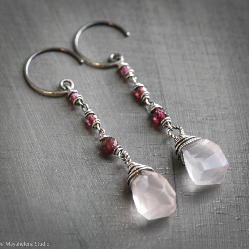 Light Seeker - Rose Quartz & Garnet Sterling Silver Earrings