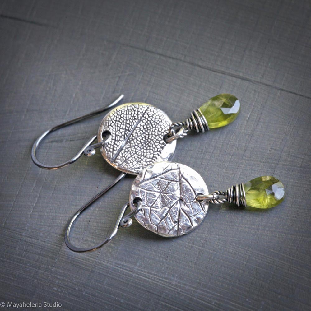 Secret Garden - Botanical Textured Fine Silver and  Peridot Earrings