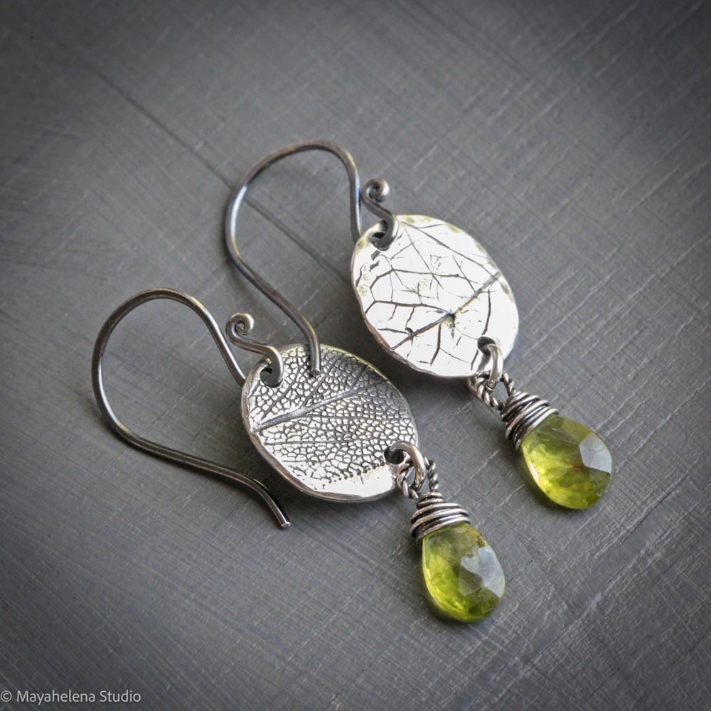 Secret Garden - Botanical Textured Fine Silver and  Peridot Earrings