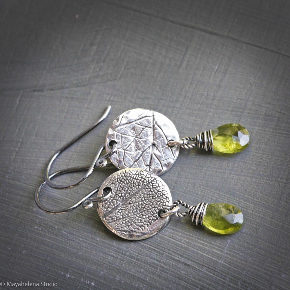Secret Garden - Botanical Textured Fine Silver and  Peridot Earrings