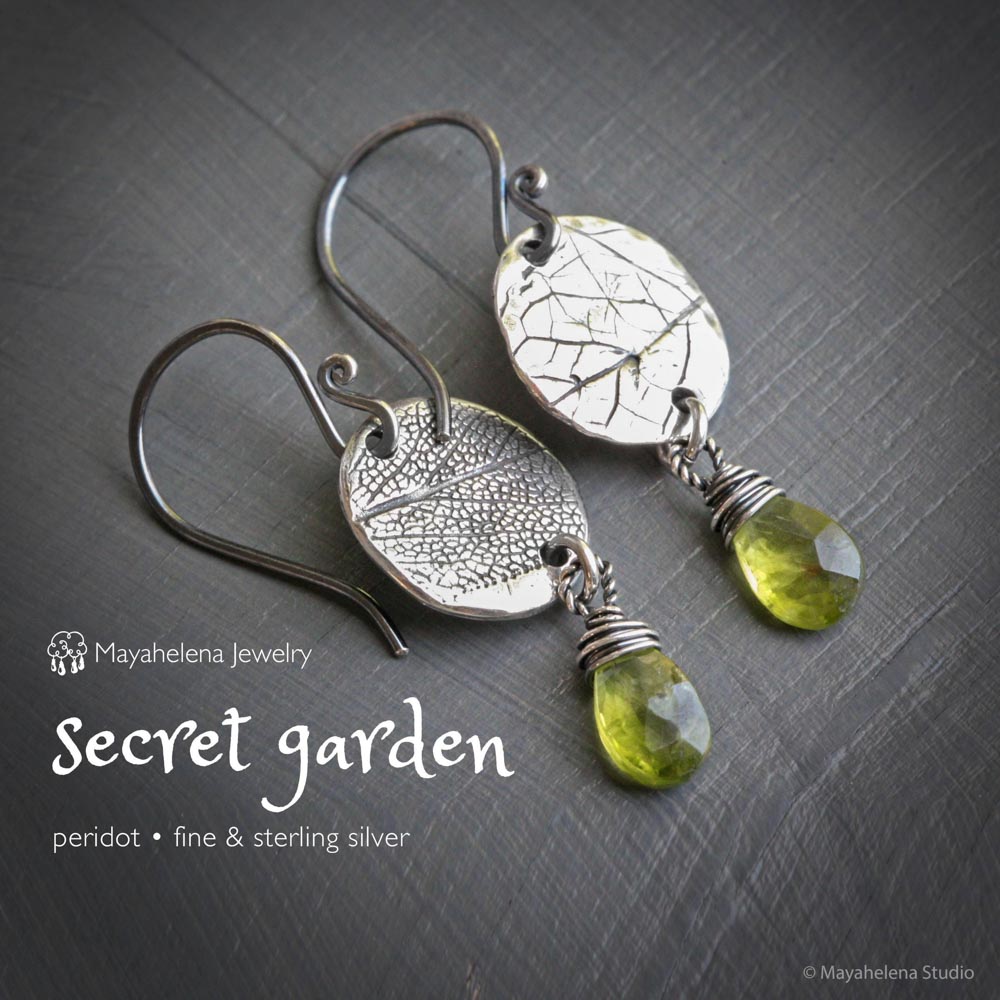 Secret Garden - Botanical Textured Fine Silver and  Peridot Earrings