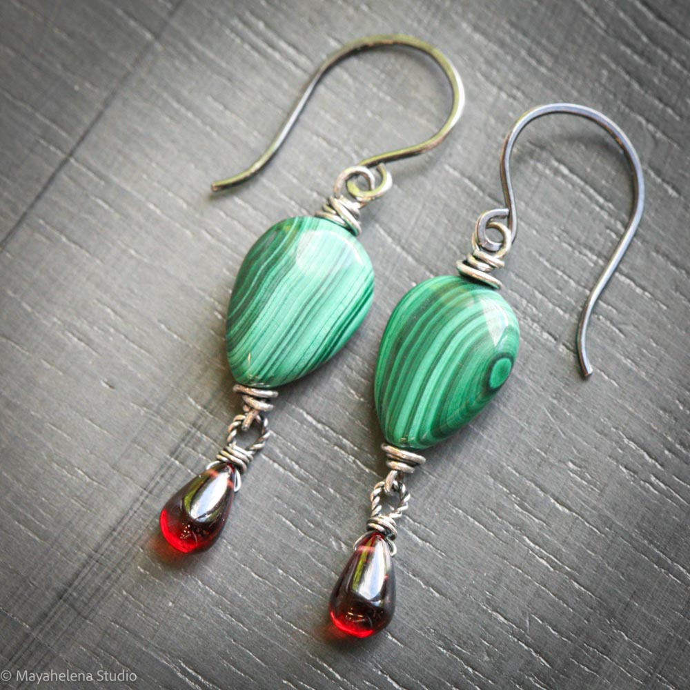 il_fullxfull.7263975339_cq6u.jpg Heart of the Forest - Malachite & Garnet Sterling Silver Earrings