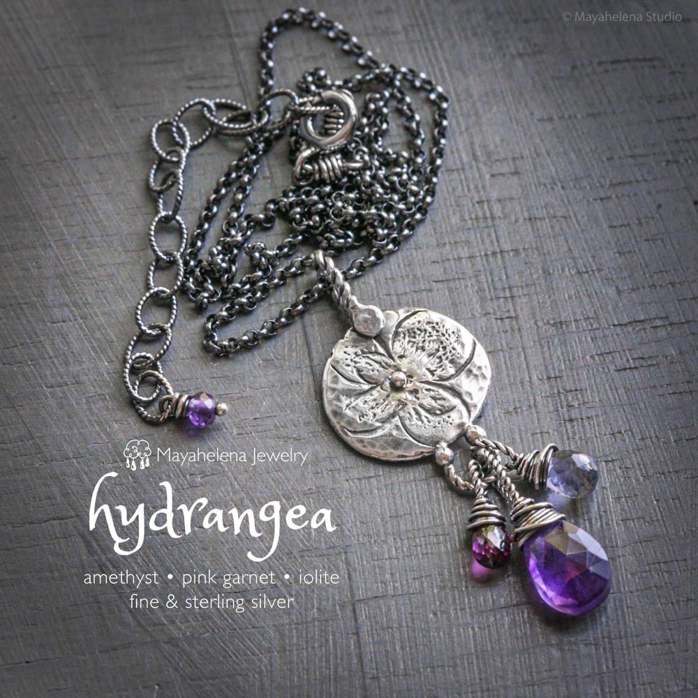 Hydrangea - Flower Seal with Amethyst, Iolite, & Pink Garnet Fine and Sterling Silver Necklace