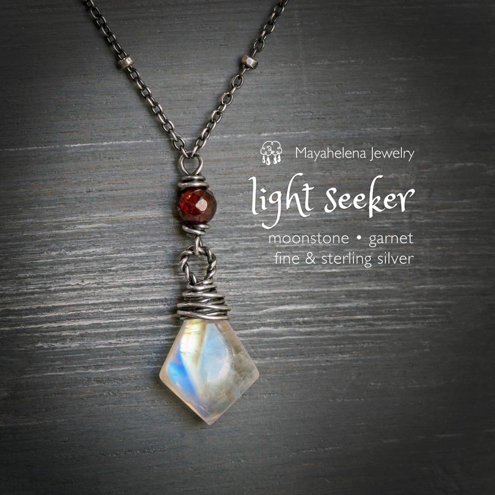 Blood Moon - Moonstone Garnet Wire Wrapped Sterling Necklace