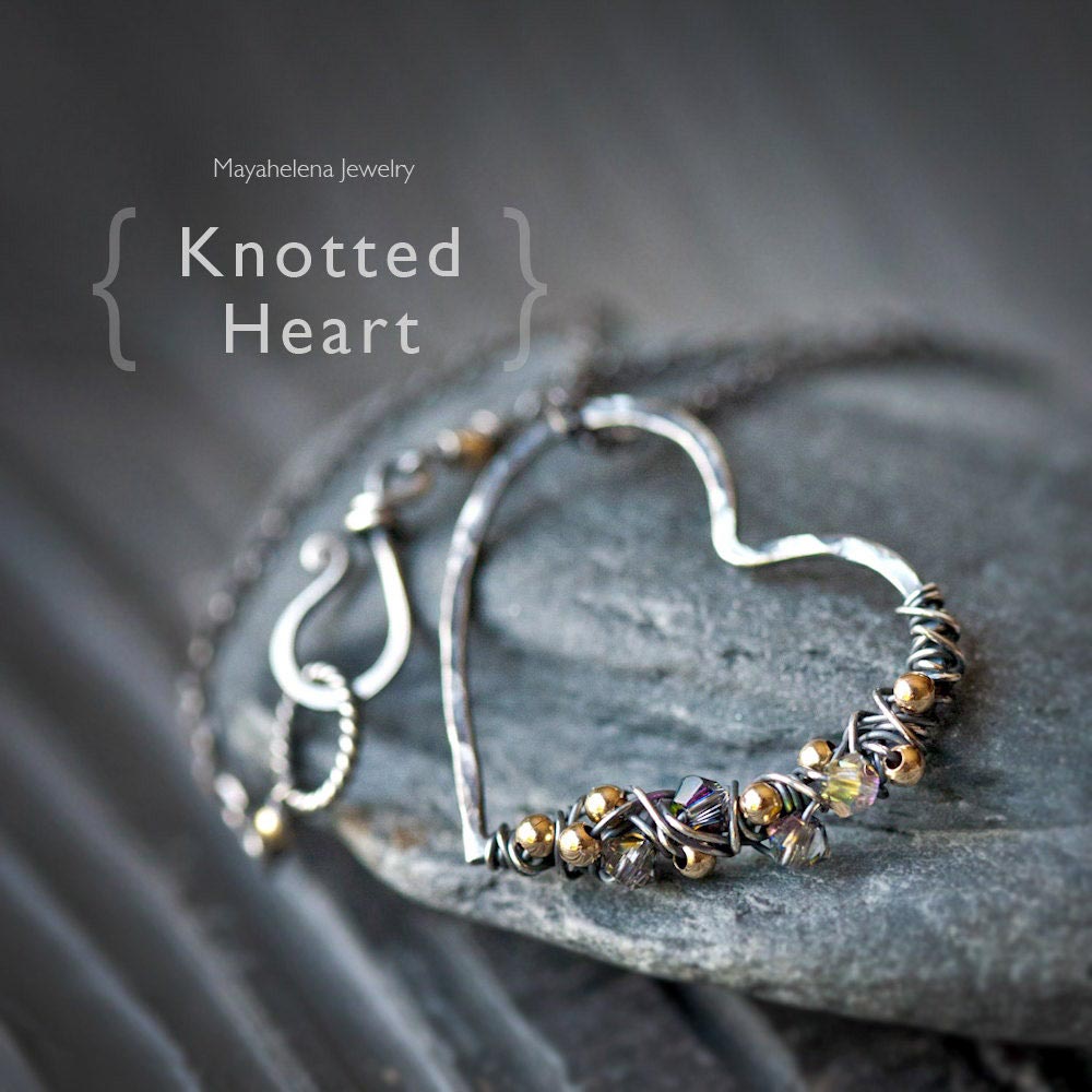 Knotted Heart - Free Form Wire Wrapped Heart with Gold Filled Accent Beads Sterling Silver Neckalce