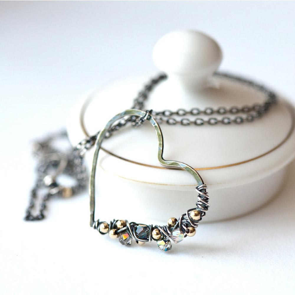 Knotted Heart - Free Form Wire Wrapped Heart with Gold Filled Accent Beads Sterling Silver Neckalce