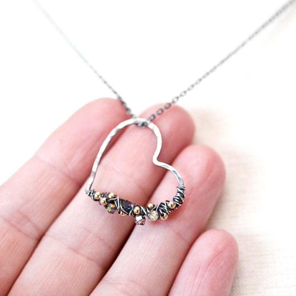 Knotted Heart - Free Form Wire Wrapped Heart with Gold Filled Accent Beads Sterling Silver Neckalce